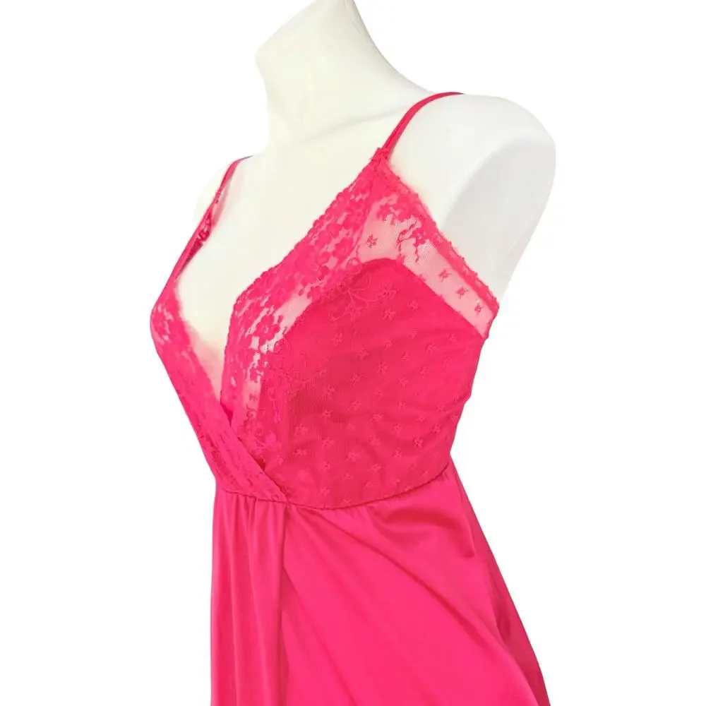 Diane Von Furstenberg 1970s Vintage Hot Pink Fuchsia Nylon Nightgown DVF BE-7